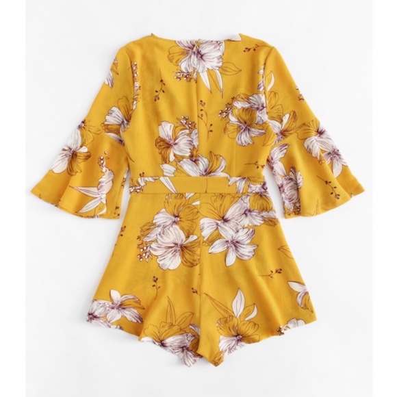 Sunny Gold Floral Tie Waist Romper w/ bell sleeve - Picture 2 of 2